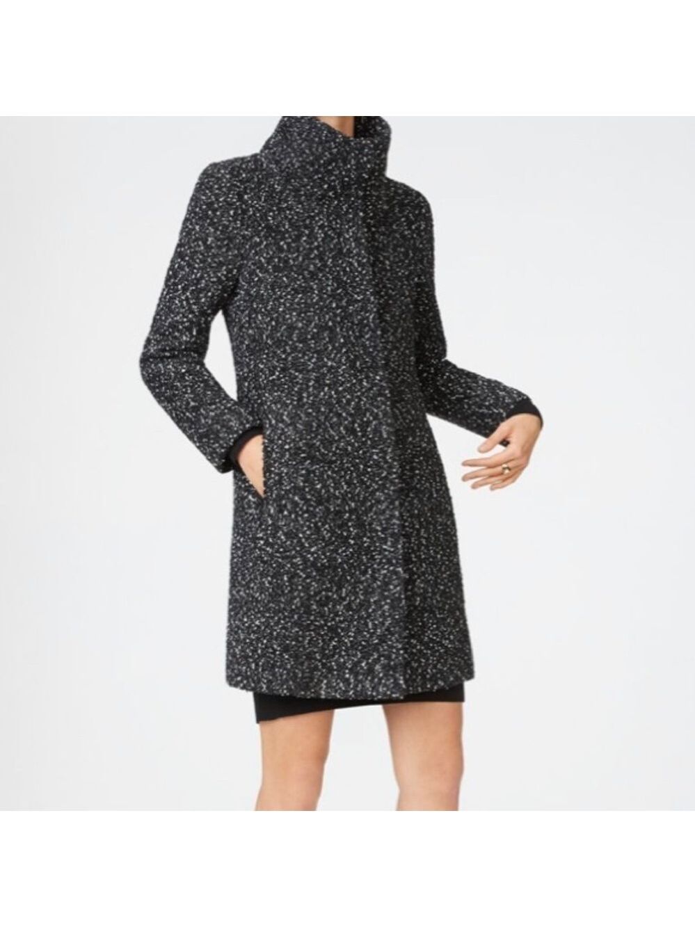 Club Monaco. Tweed Funnel Neck Wool blend coat. Black and white. - Picture 3 of 15